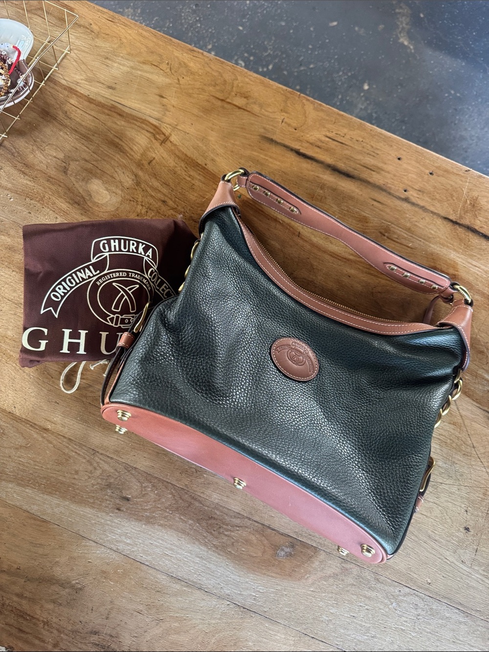 Ghurka Black & Brown Pebbled Leather Shoulder Hobo